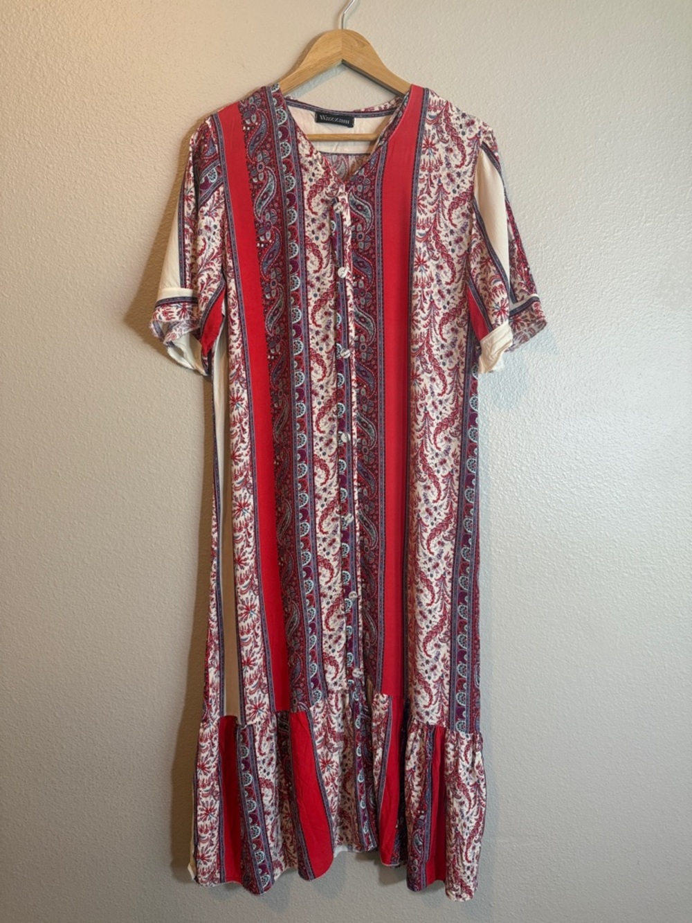 Vintage Wazzam Boho Paisley Midi Dress XL Red Blue Ruffle Hippie Festival